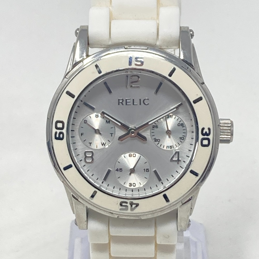 Relic Women Watch 34mm Silver Tone White Rotating Bezel Small Second New Battery